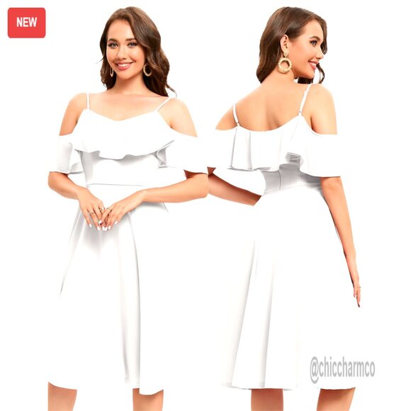 Dresses & Skirts - Off Shoulder A-Line Midi Dress, Formal Wedding Guest Cocktail Party